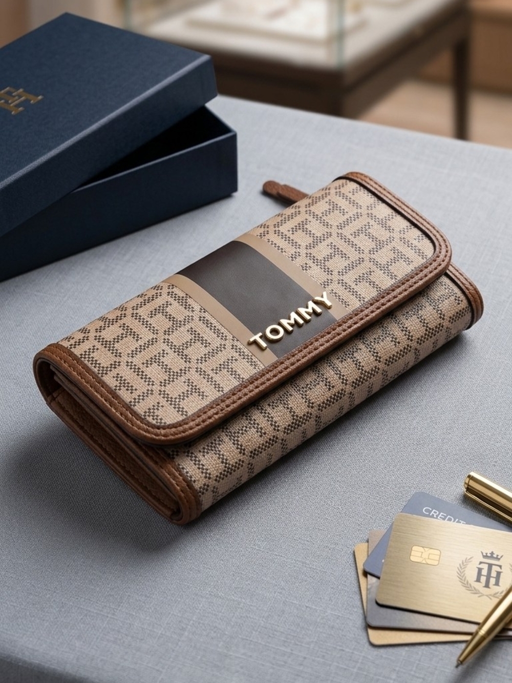 Tommy Hilfiger Brown and Beige Monogram Continental Wallet